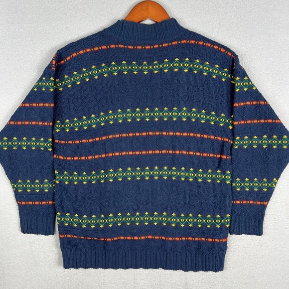 VTG 90s Nordic Fair Isle Knit Sweater Medium Geometric USA Grandpa Cottagecore - Picture 2 of 10